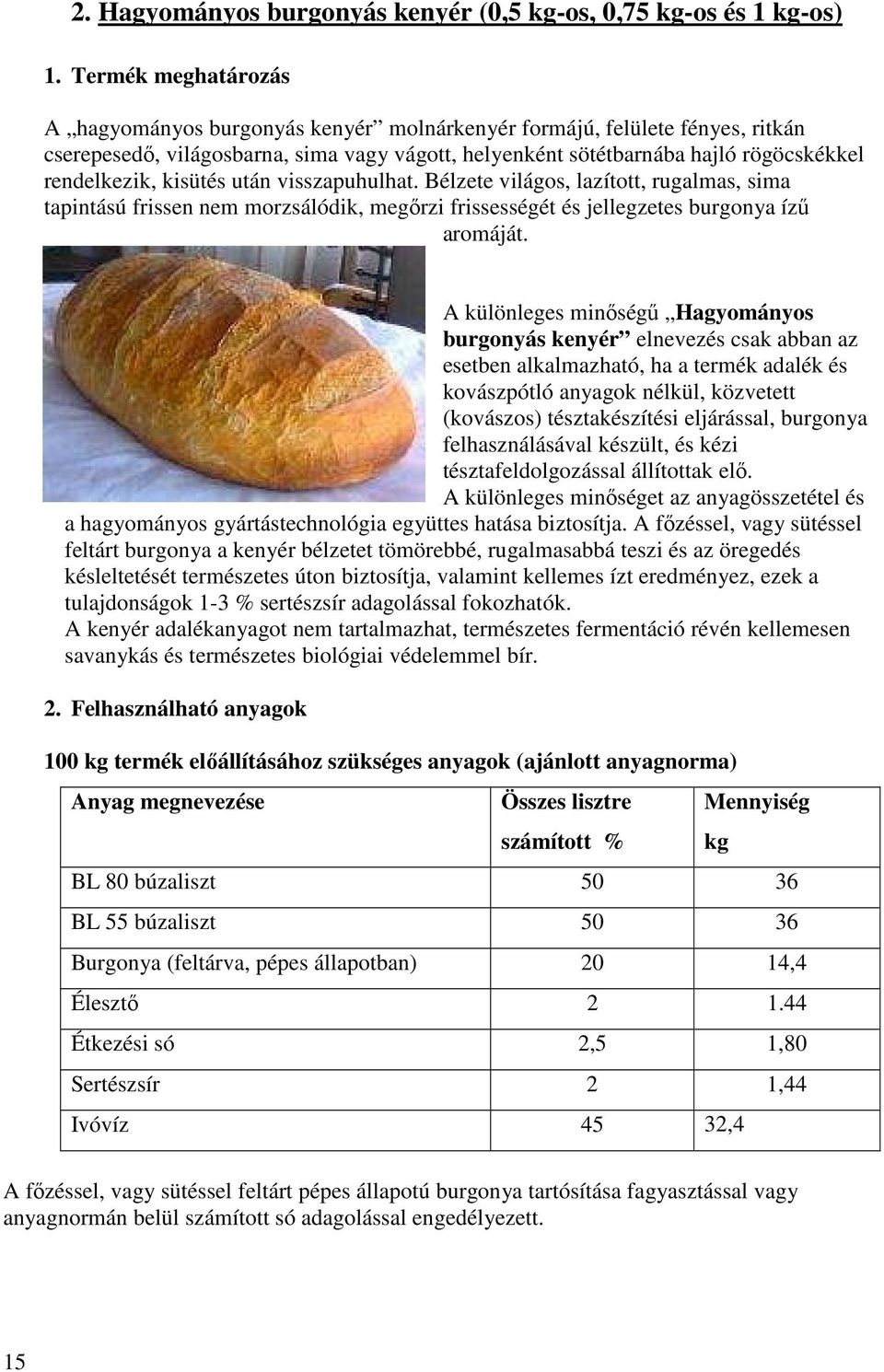 kisütés után visszapuhulhat. Bélzete világos, lazított, rugalmas, sima tapintású frissen nem morzsálódik, megırzi frissességét és jellegzetes burgonya íző aromáját.