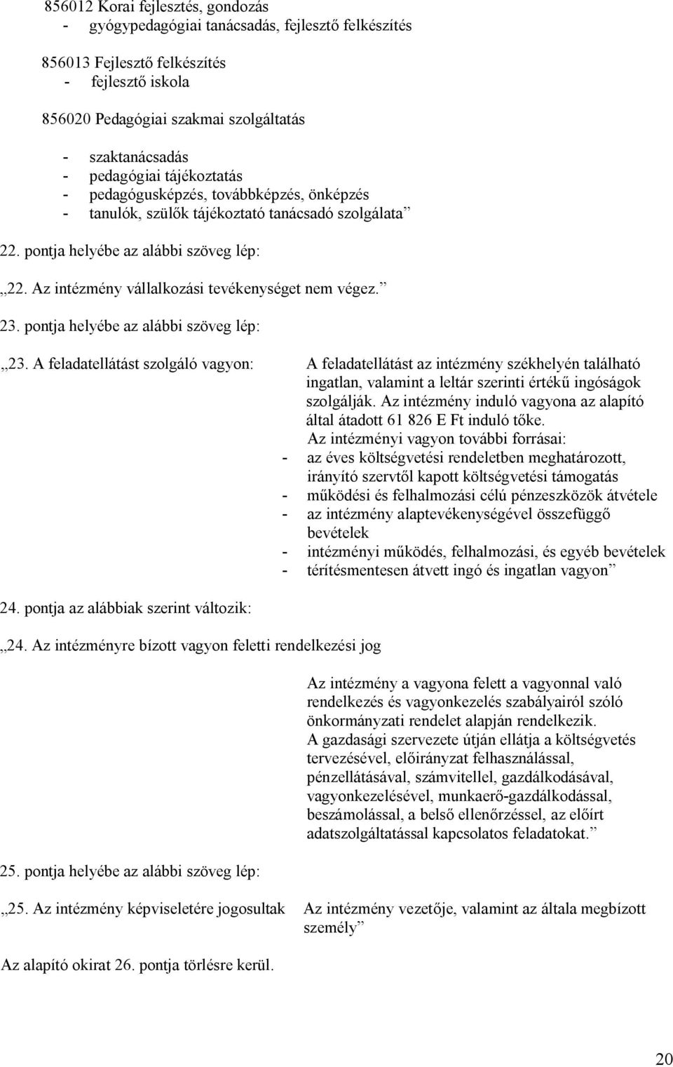 Az intézmény vállalkozási tevékenységet nem végez. 23. pontja helyébe az alábbi szöveg lép: 23.