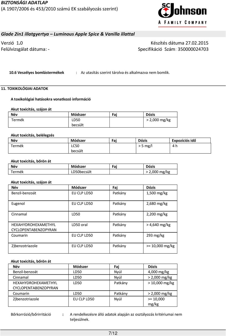 Expozíciós idő Termék LC50 becsült > 5 mg/l 4 h Akut toxicitás, bőrön át Név Módszer Faj Dózis Termék LD50becsült > 2,000 mg/kg Akut toxicitás, szájon át Név Módszer Faj Dózis Benzil-benzoát EU CLP