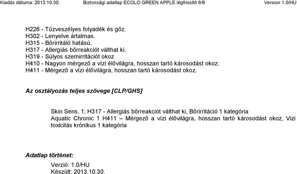 H319 - Súlyos szemirritációt okoz H410 - Nagyon mérgező a vízi élővilágra, hosszan tartó károsodást okoz. H411 - Mérgező a vízi élővilágra, hosszan tartó károsodást okoz.