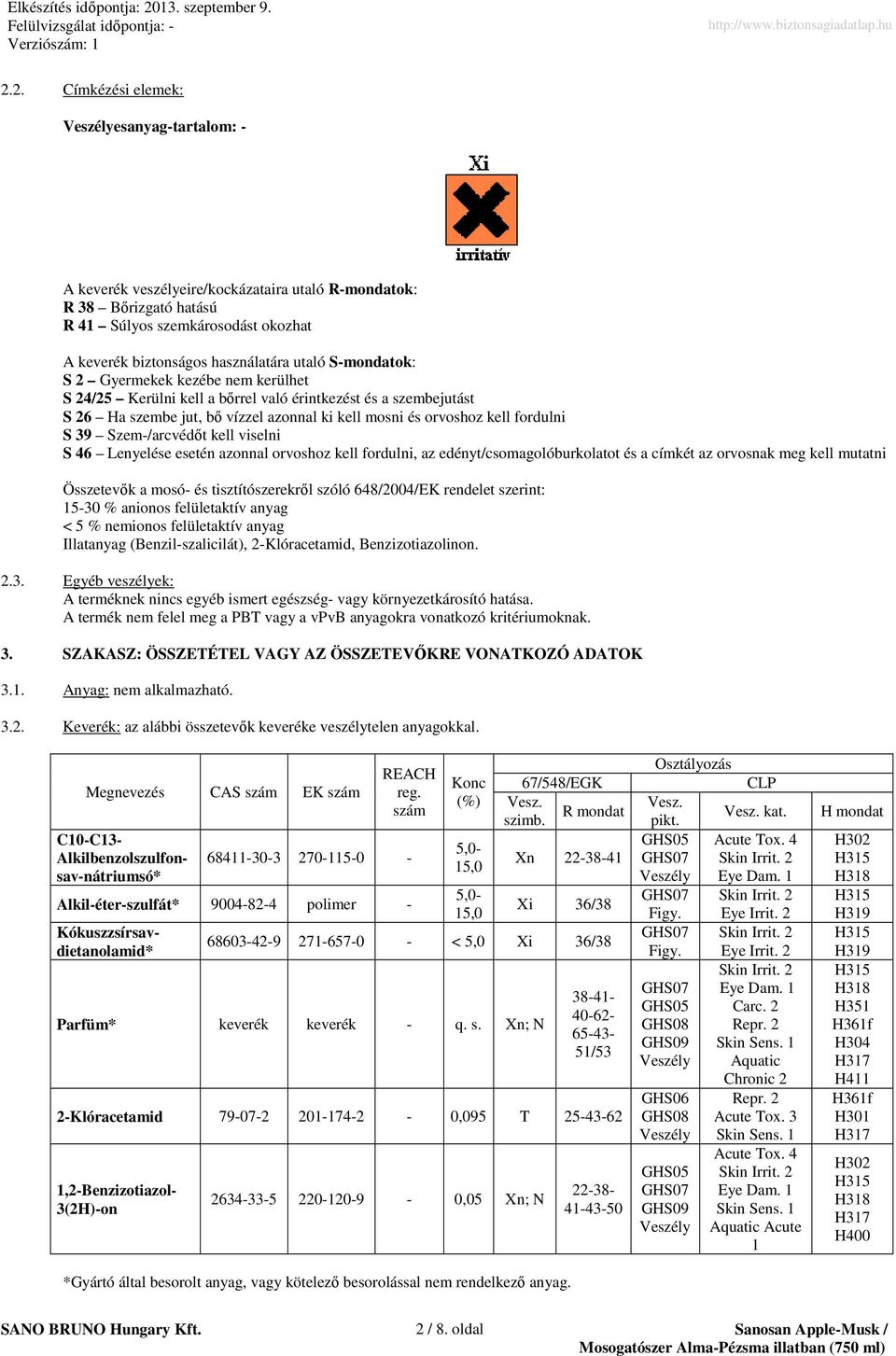 Szem-/arcvédıt kell viselni S 46 Lenyelése esetén azonnal orvoshoz kell fordulni, az edényt/csomagolóburkolatot és a címkét az orvosnak meg kell mutatni Összetevık a mosó- és tisztítószerekrıl szóló