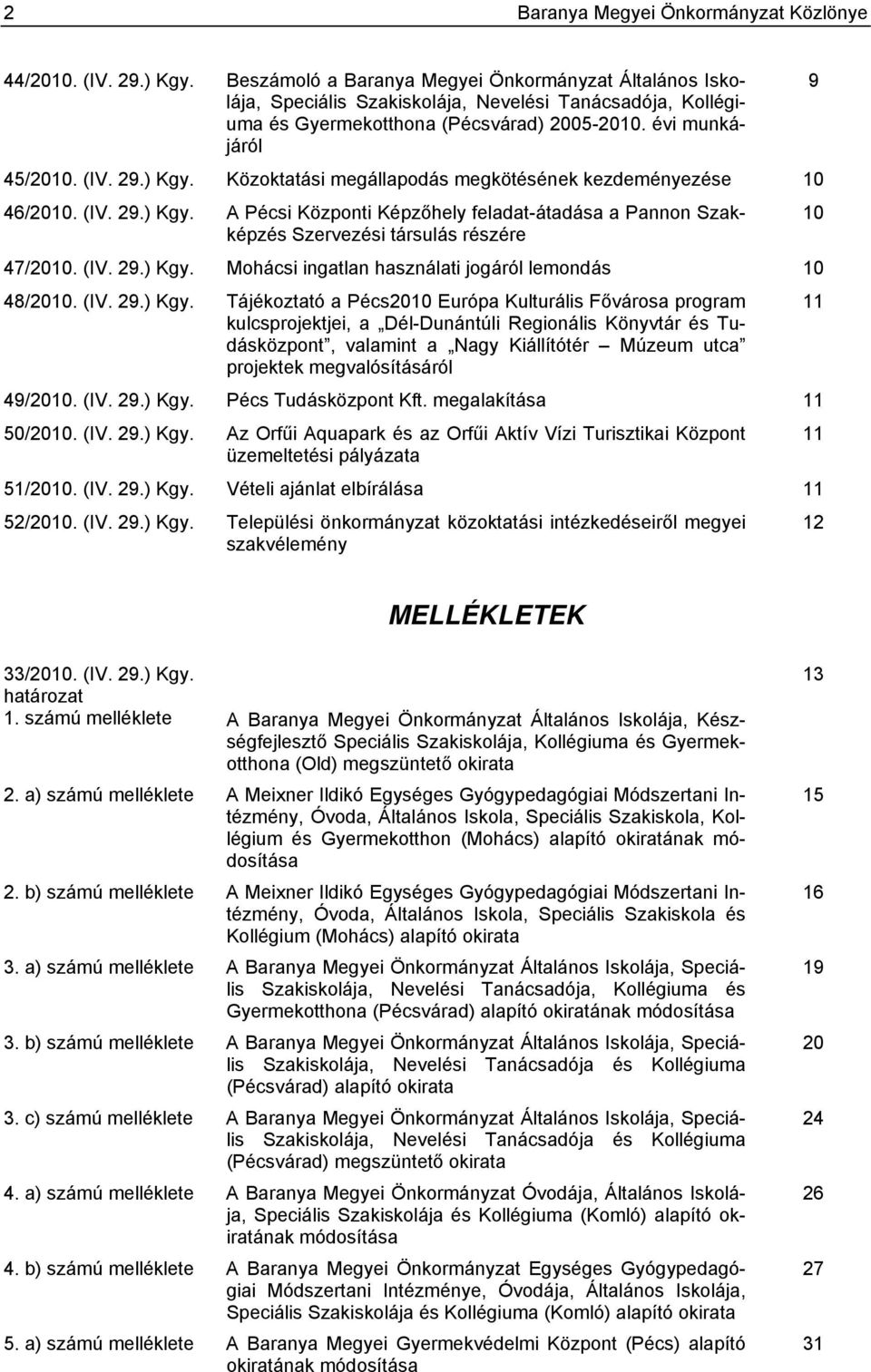 Közoktatási megállapodás megkötésének kezdeményezése 10 46/2010. (IV. 29.) Kgy. A Pécsi Központi Képzőhely feladat-átadása a Pannon Szakképzés 10 Szervezési társulás részére 47/2010. (IV. 29.) Kgy. Mohácsi ingatlan használati jogáról lemondás 10 48/2010.