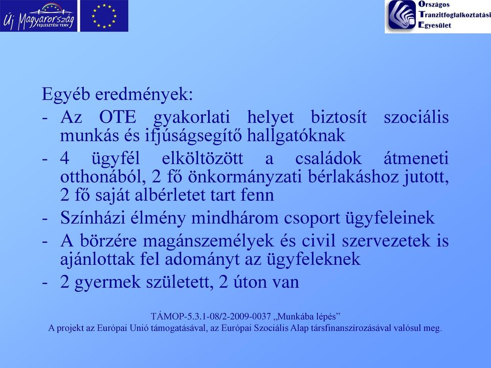 jutott, 2 fő saját albérletet tart fenn - Színházi élmény mindhárom csoport ügyfeleinek - A börzére