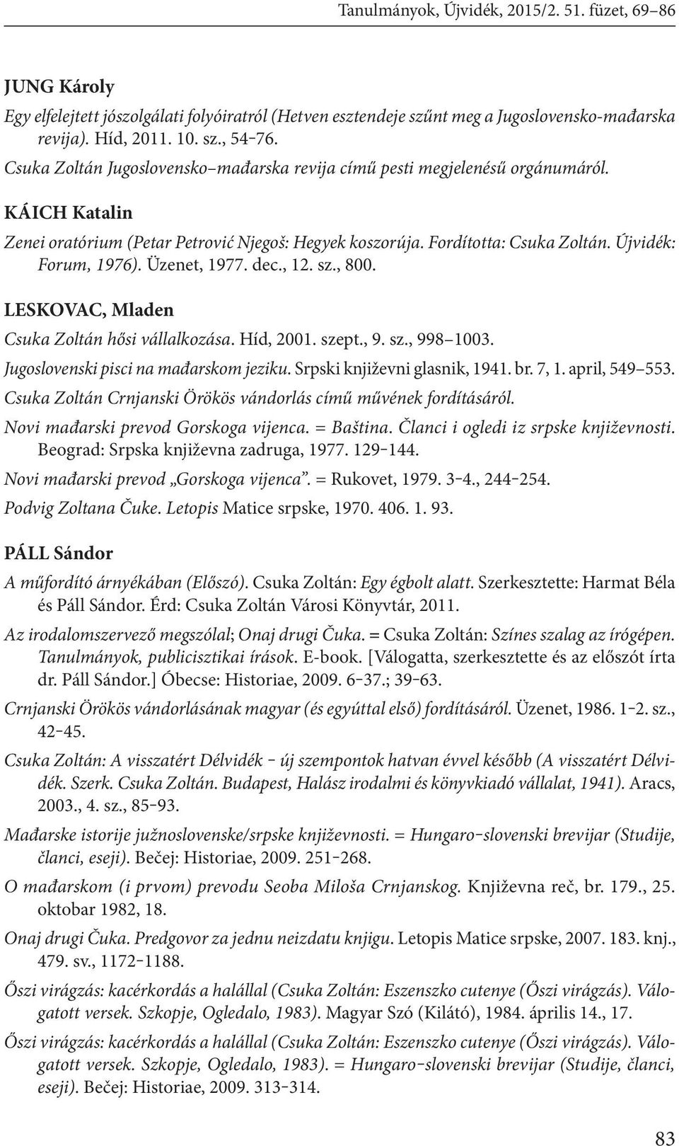 Üzenet, 1977. dec., 12. sz., 800. LESKOVAC, Mladen Csuka Zoltán hősi vállalkozása. Híd, 2001. szept., 9. sz., 998 1003. Jugoslovenski pisci na mađarskom jeziku. Srpski književni glasnik, 1941. br.