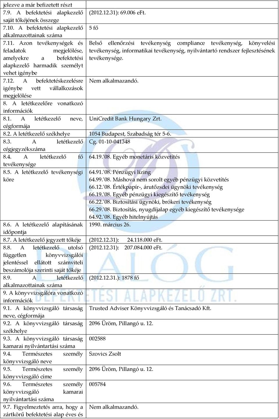 A letétkezelőre vonatkozó információk 8.1. A letétkezelő neve, cégformája (2012.12.31): 69.006 eft.