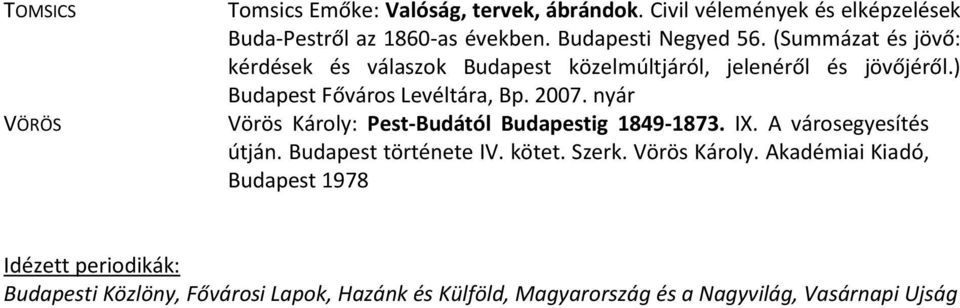 ) Budapest Főváros Levéltára, Bp. 2007. nyár Vörös Károly: Pest-Budától Budapestig 1849-1873. IX. A városegyesítés útján.