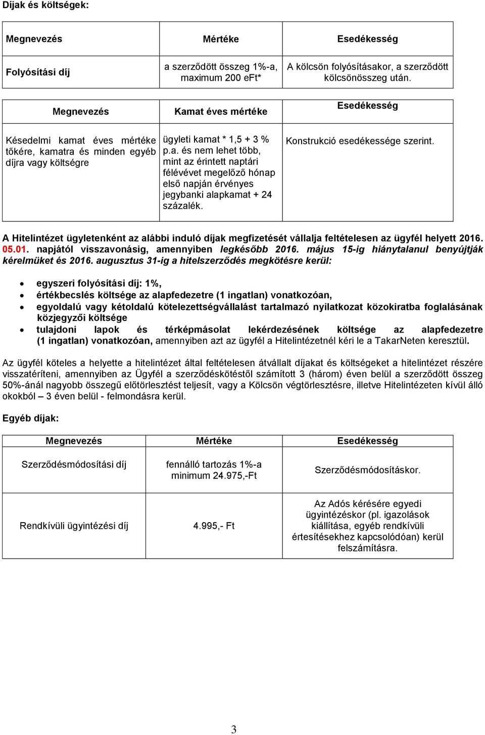 Konstrukció esedékessége szerint. A Hitelintézet ügyletenként az alábbi induló díjak megfizetését vállalja feltételesen az ügyfél helyett 2016. 05.01. napjától visszavonásig, amennyiben legkésőbb 2016.