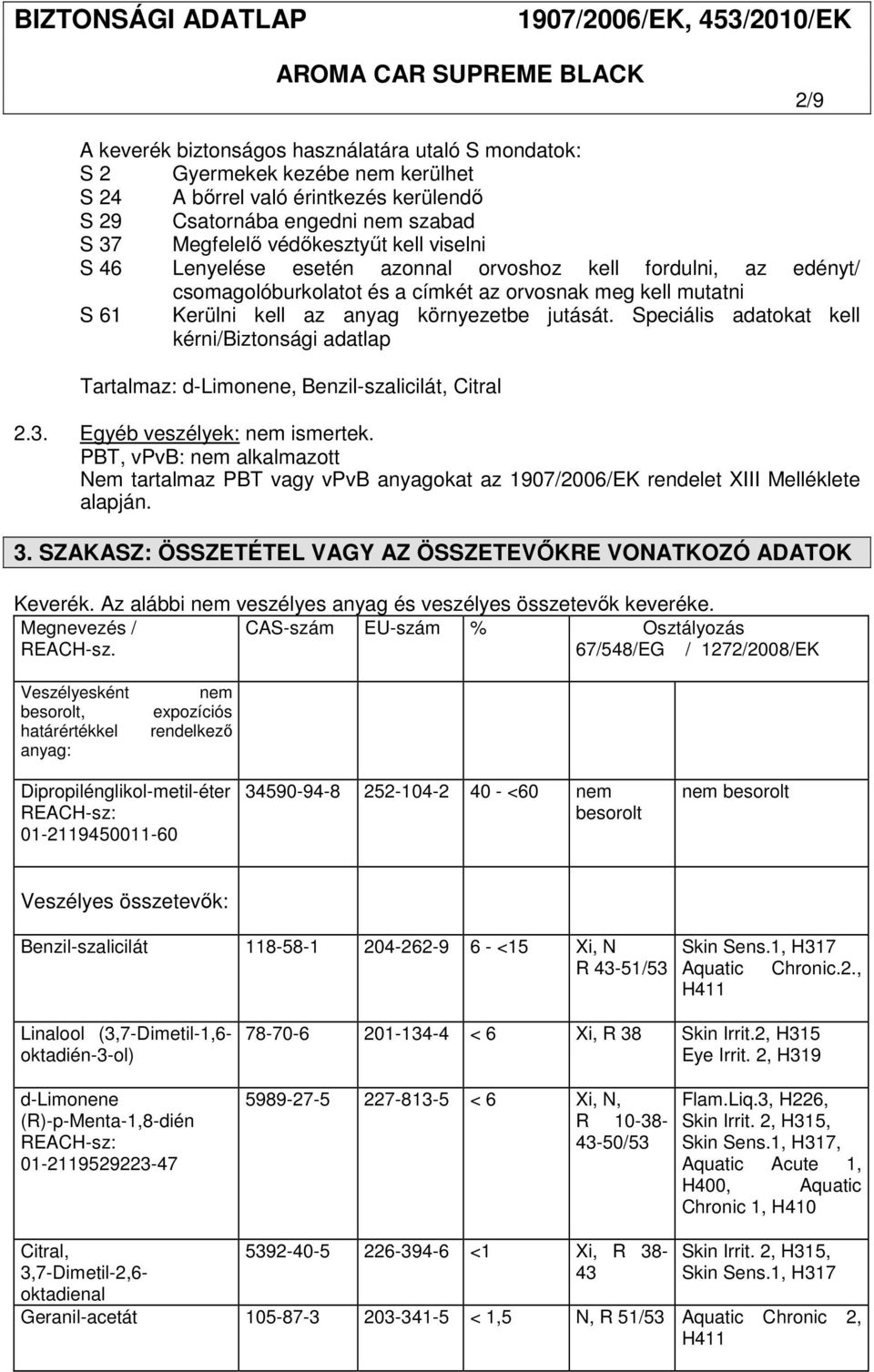 Speciális adatokat kell kérni/biztonsági adatlap Tartalmaz: d-limonene, Benzil-szalicilát, Citral 2.3. Egyéb veszélyek: nem ismertek.