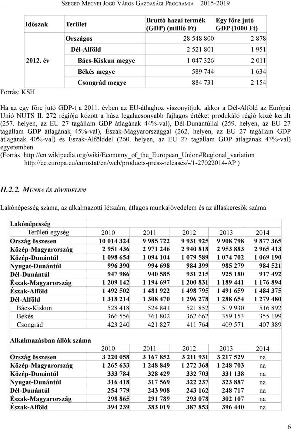 megye 884 731 2 154 Ha az egy főre jutó GDP-t a 2011. évben az EU-átlaghoz viszonyítjuk, akkor a Dél-Alföld az Európai Unió NUTS II.