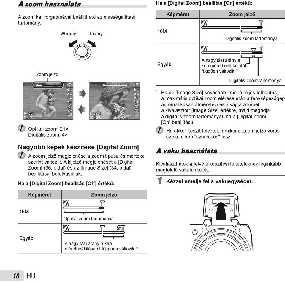0 WB ISO 00:34 00:34 4 16M 4 16M Optikai zoom: 21 Digitális zoom: 4 P Nagyobb képek készítése [Digital Zoom] A zoom jelző megjelenése a zoom típusa és mértéke szerint változik.