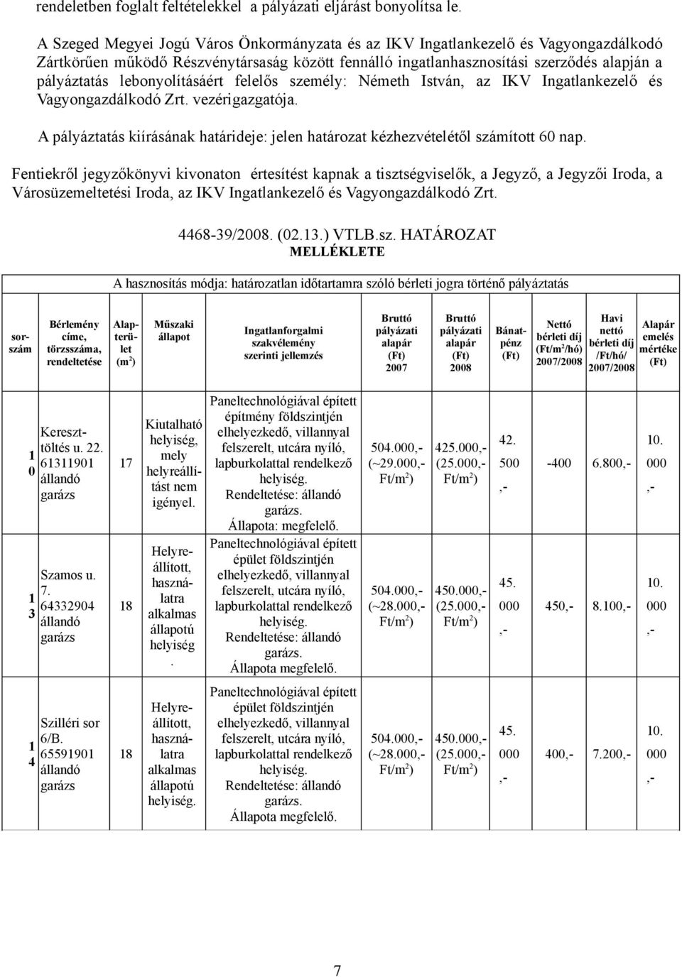 lebonyolításáért felelős személy: Németh István, az IKV Ingatlankezelő és Vagyongazdálkodó Zrt. vezérigazgatója. A pályáztatás kiírásának határideje: jelen határozat kézhezvételétől számított 60 nap.