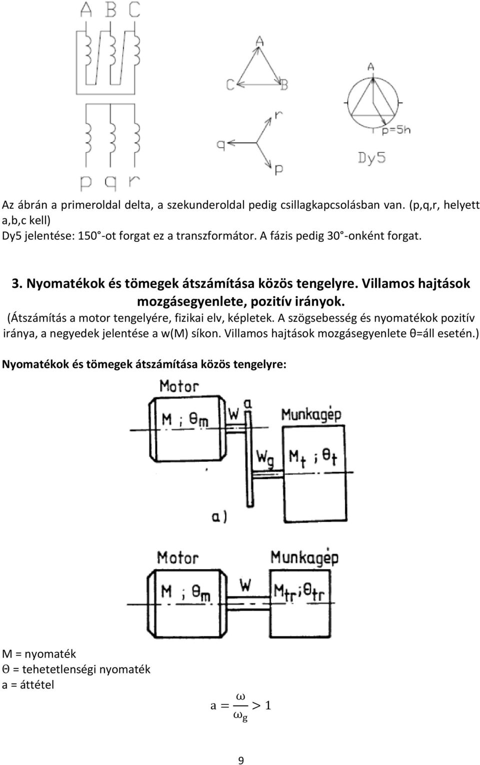 Villamos hajtások mozgásegyenlete, pozitív irányok. (Átszámítás a motor tengelyére, fizikai elv, képletek.