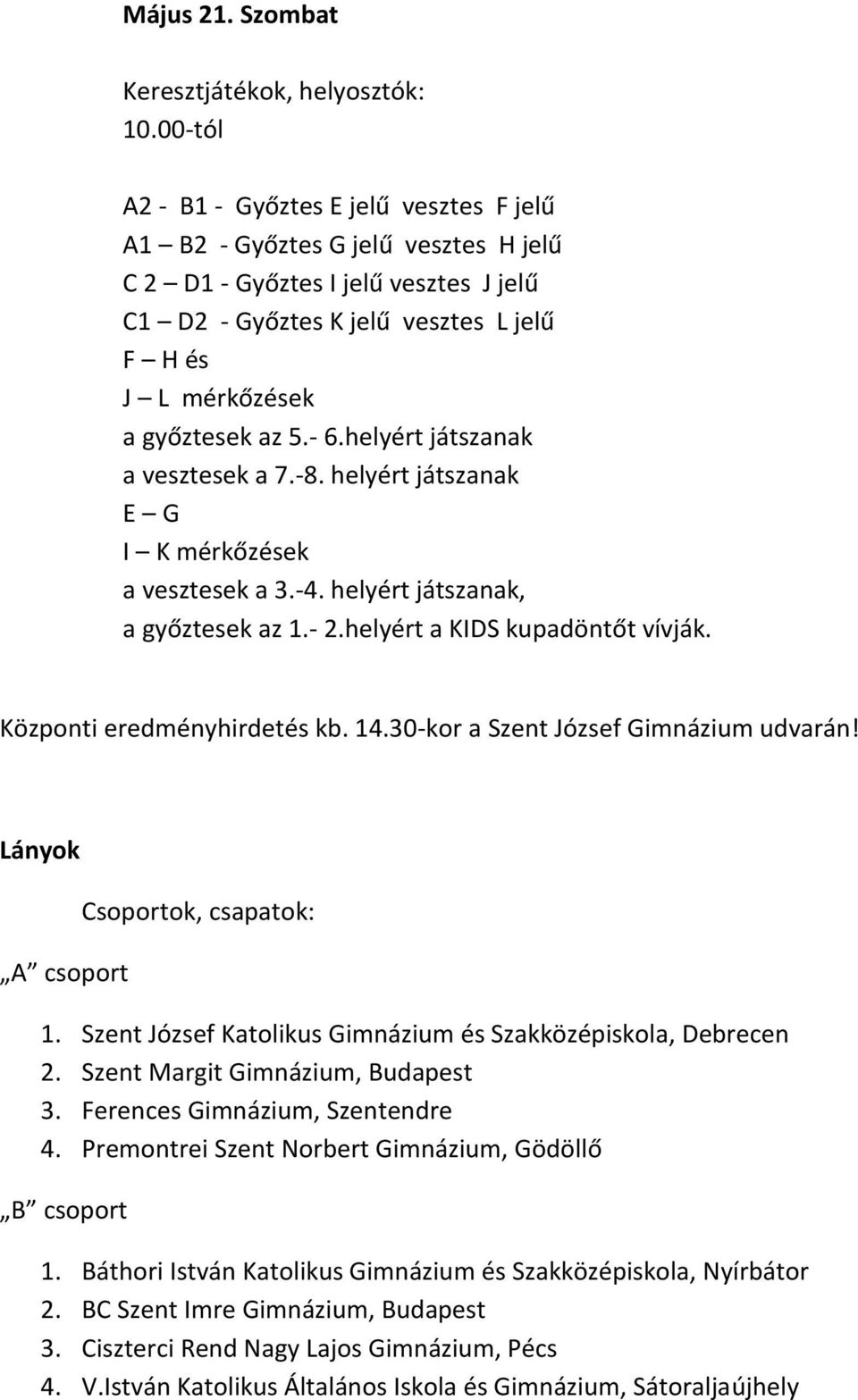 5.- 6.helyért játszanak a vesztesek a 7.-8. helyért játszanak E G I K mérkőzések a vesztesek a 3.-4. helyért játszanak, a győztesek az 1.- 2.helyért a KIDS kupadöntőt vívják.