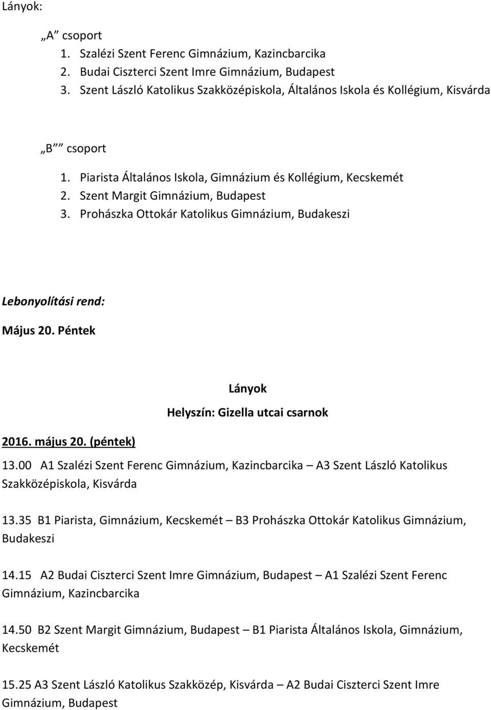 Prohászka Ottokár Katolikus Gimnázium, Budakeszi Lebonyolítási rend: Május 20. Péntek 2016. május 20. (péntek) Lányok Helyszín: Gizella utcai csarnok 13.