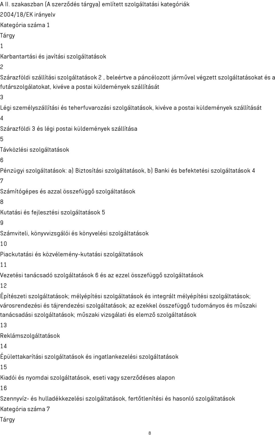 postai küldemények szállítását 4 Szárazföldi 3 és légi postai küldemények szállítása 5 Távközlési szolgáltatások 6 Pénzügyi szolgáltatások: a) Biztosítási szolgáltatások, b) Banki és befektetési