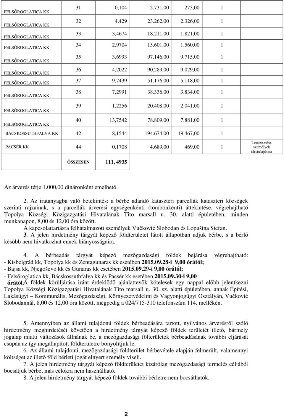 689,00 469,00 1 Természetes személyek társtulajdona ÖSSZESEN 111, 4935 Az árverés tétje 1.000,00 dináronként emelhető. 2.