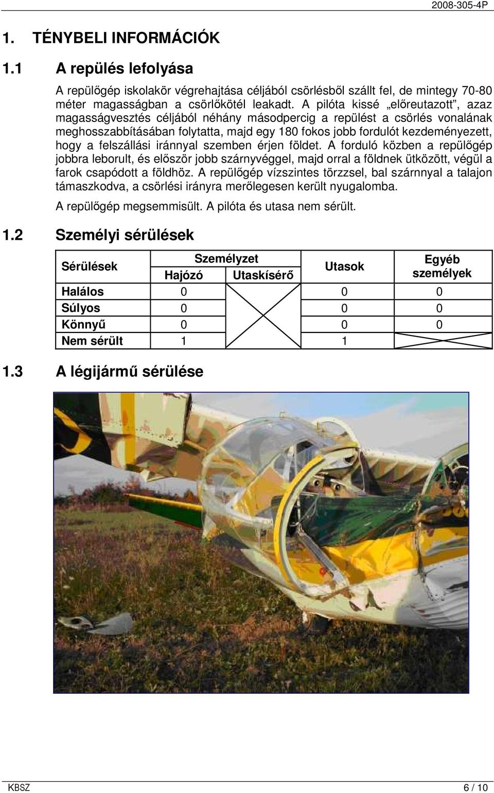 felszállási iránnyal szemben érjen földet. A forduló közben a repülıgép jobbra leborult, és elıször jobb szárnyvéggel, majd orral a földnek ütközött, végül a farok csapódott a földhöz.