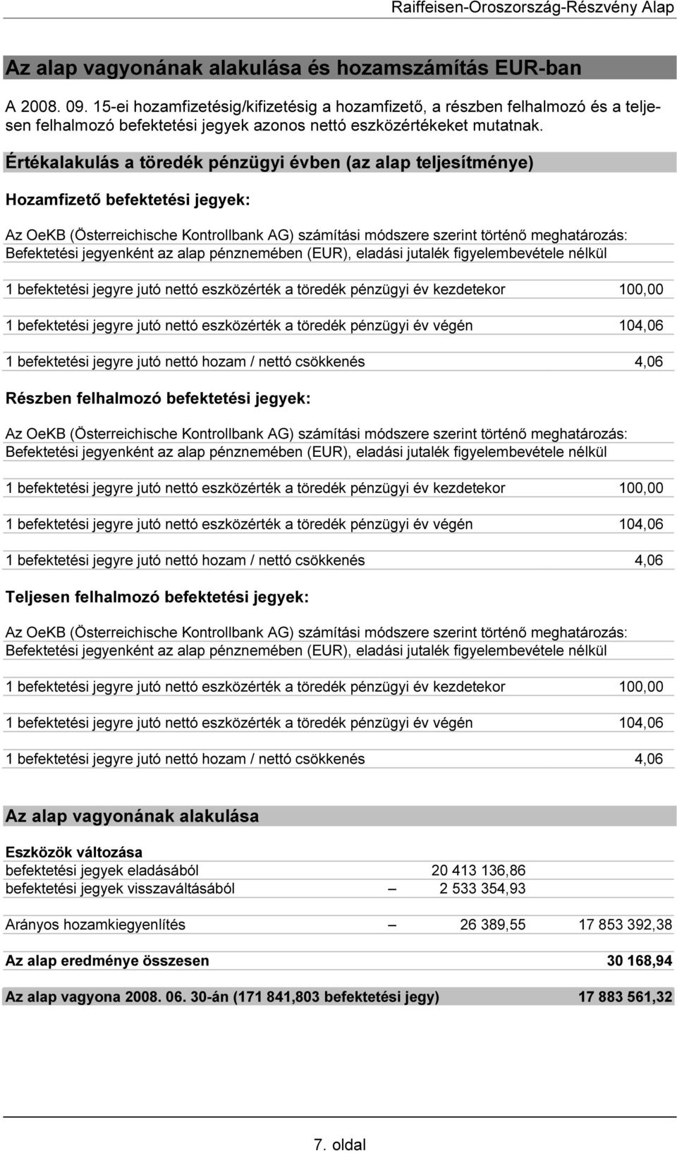 Értékalakulás a töredék pénzügyi évben (az alap teljesítménye) Hozamfizető befektetési jegyek: Az OeKB (Österreichische Kontrollbank AG) számítási módszere szerint történő meghatározás: Befektetési