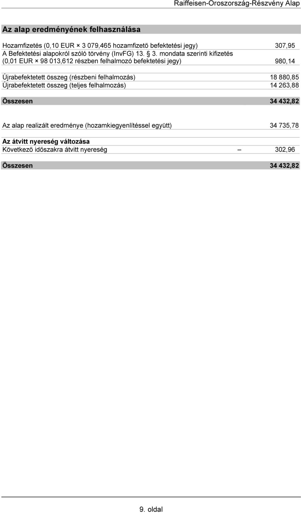 mondata szerinti kifizetés (0,01 EUR 98 013,612 részben felhalmozó befektetési jegy) 980,14 Újrabefektetett összeg (részbeni
