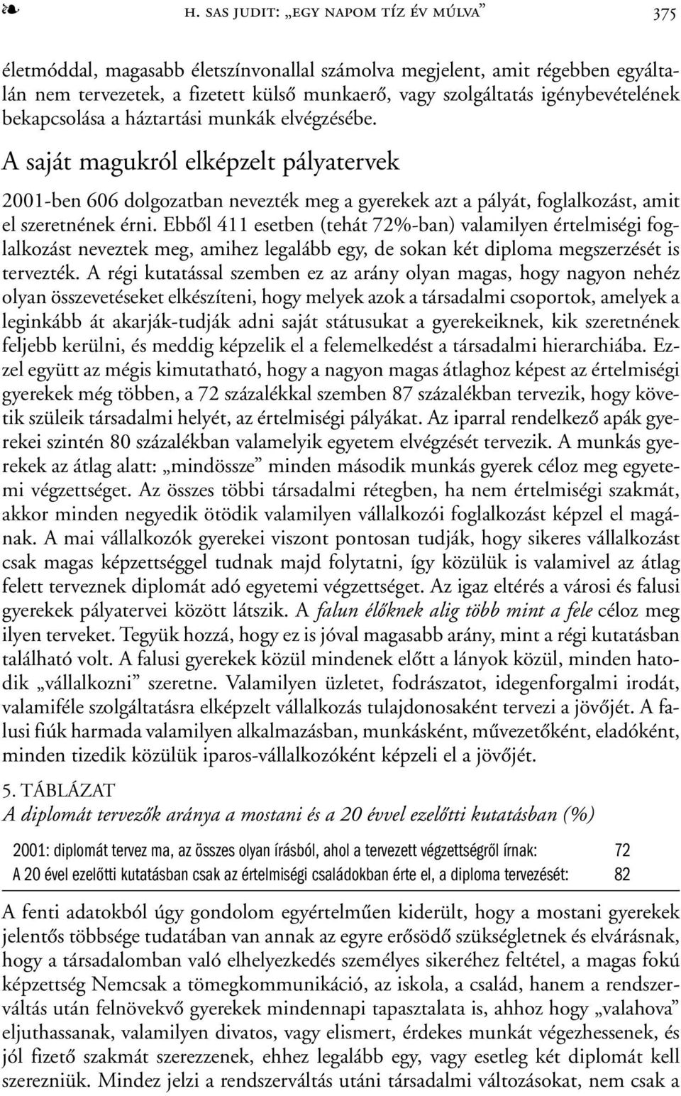 A saját magukról elképzelt pályatervek 2001-ben 606 dolgozatban nevezték meg a gyerekek azt a pályát, foglalkozást, amit el szeretnének érni.