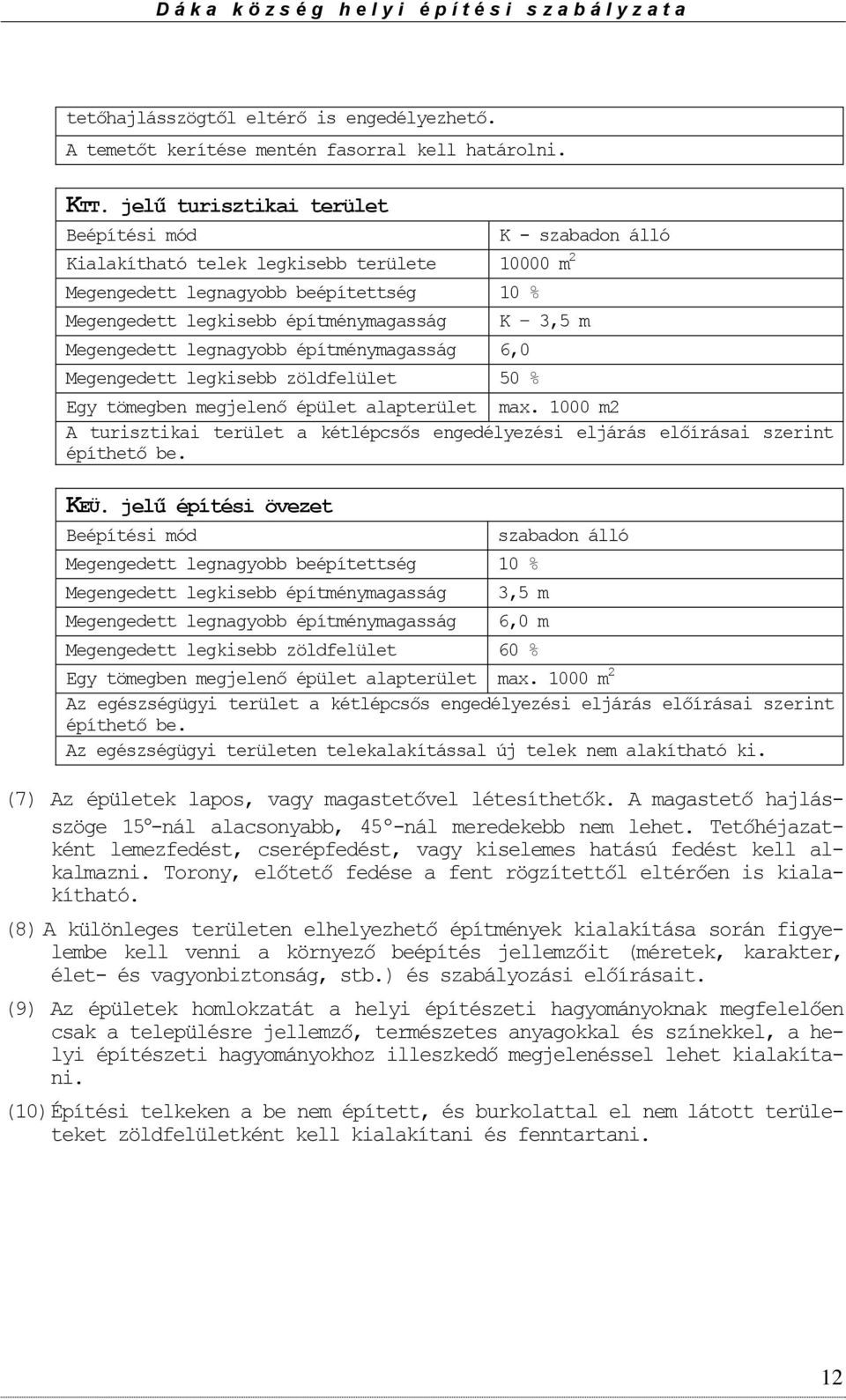 legnagybb építménymagasság 6,0 Megengedett legkisebb zöldfelület 50 % K 3,5 m Egy tömegben megjelenő épület alapterület max.