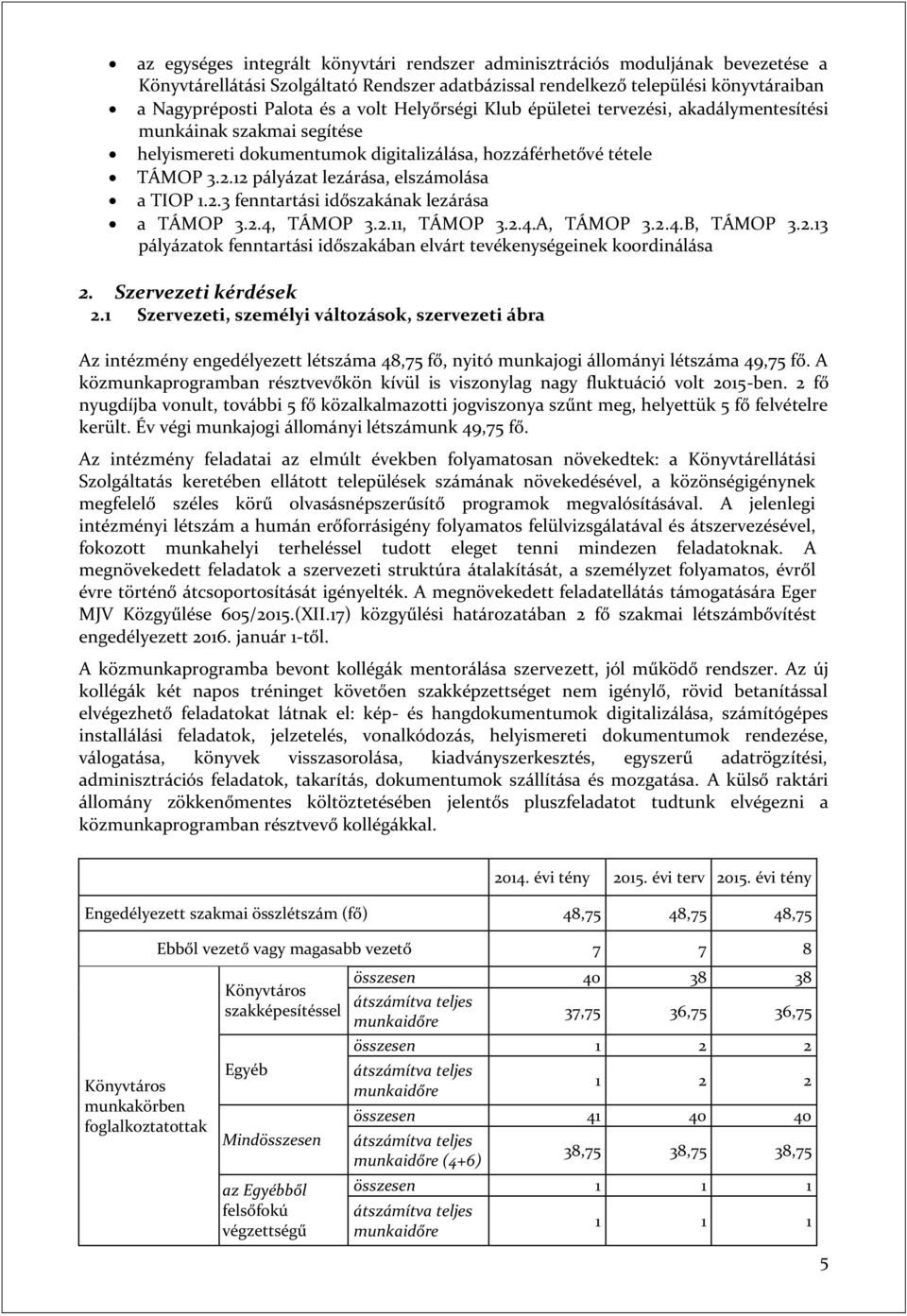 2.3 fenntartási időszakának lezárása a TÁMOP 3.2.4, TÁMOP 3.2.11, TÁMOP 3.2.4.A, TÁMOP 3.2.4.B, TÁMOP 3.2.13 pályázatok fenntartási időszakában elvárt tevékenységeinek koordinálása 2.