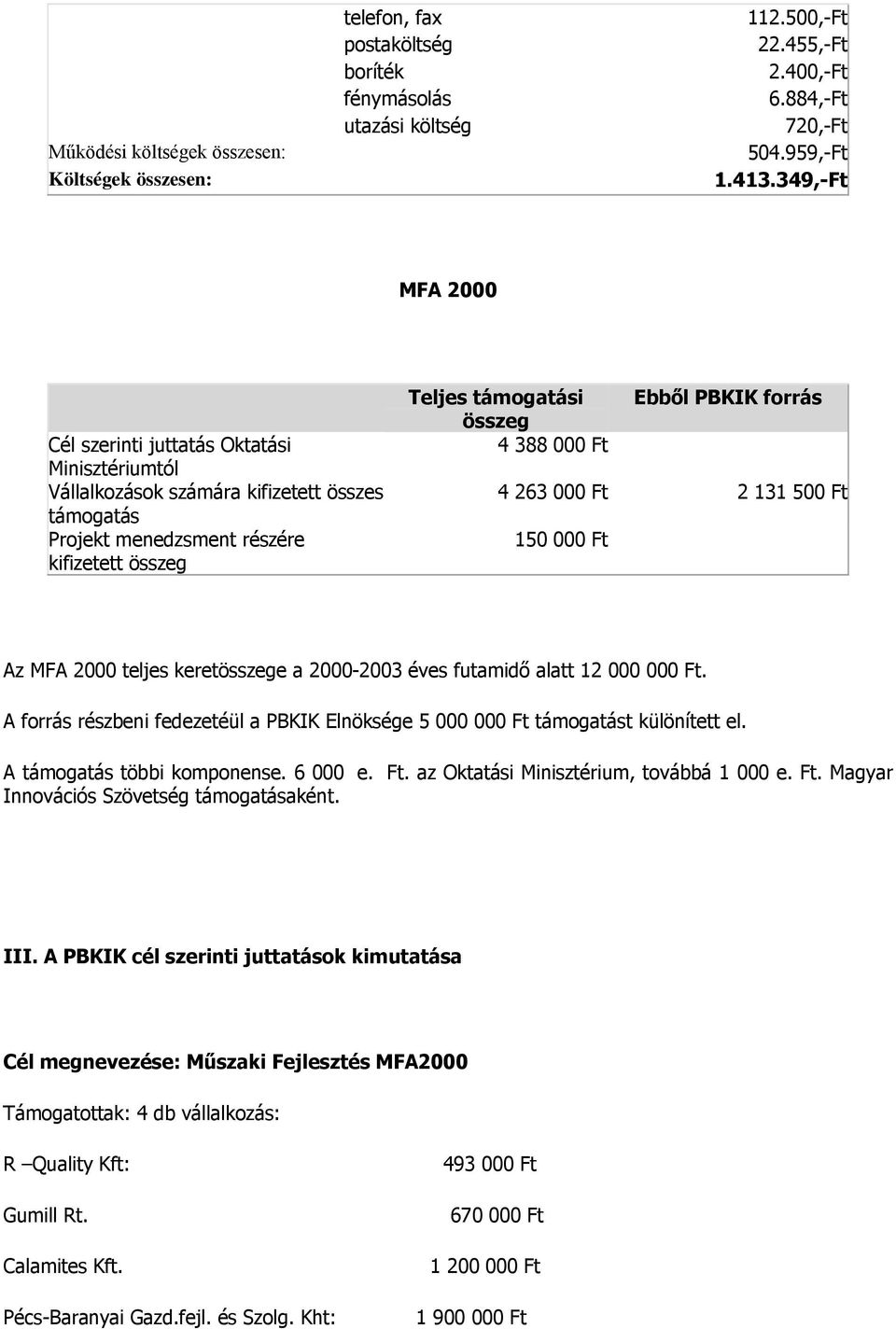 összeg 4 388 000 Ft 4 263 000 Ft 2 131 500 Ft 150 000 Ft Az MFA 2000 teljes keretösszege a 2000-2003 éves futamidő alatt 12 000 000 Ft.