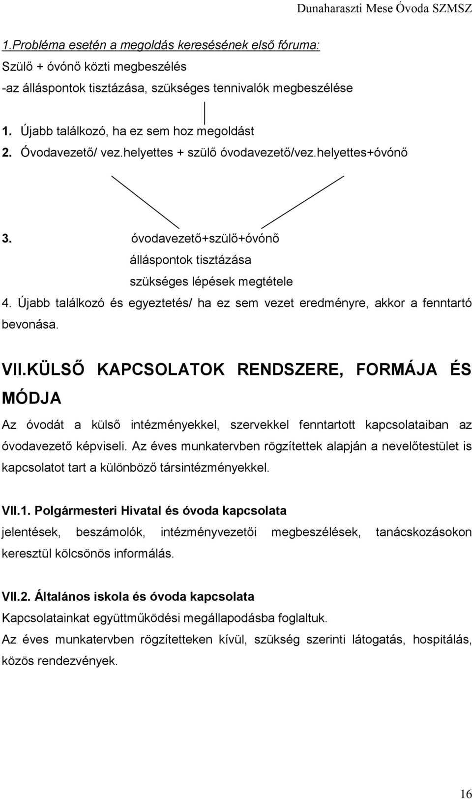 Újabb találkozó és egyeztetés/ ha ez sem vezet eredményre, akkor a fenntartó bevonása. VII.