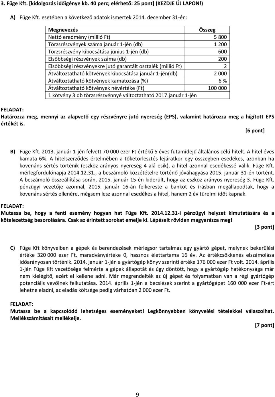 Elsőbbségi részvényekre jutó garantált osztalék (millió Ft) 2 Átváltoztatható kötvények kibocsátása január 1-jén(db) 2 000 Átváltoztatható kötvények kamatozása (%) 6 % Átváltoztatható kötvények