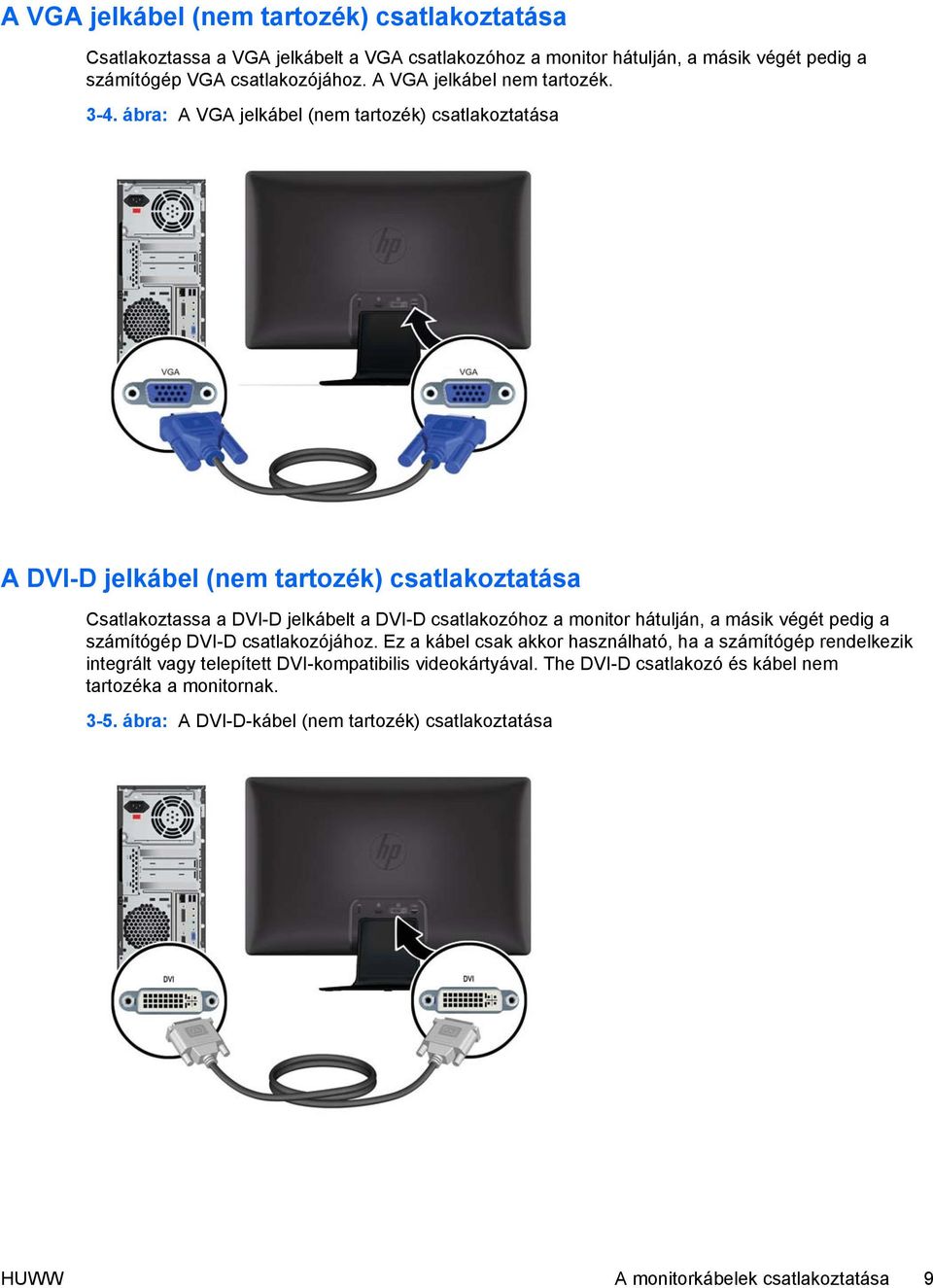 ábra: A VGA jelkábel (nem tartozék) csatlakoztatása A DVI-D jelkábel (nem tartozék) csatlakoztatása Csatlakoztassa a DVI-D jelkábelt a DVI-D csatlakozóhoz a monitor hátulján, a