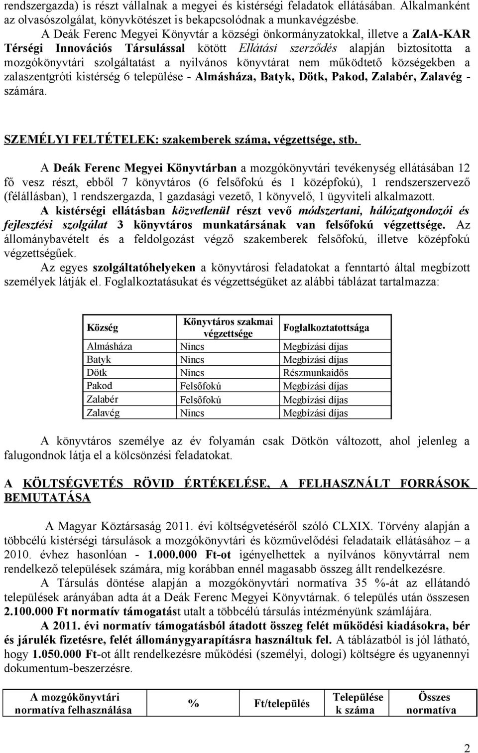 könyvtárat nem működtető községekben a zalaszentgróti kistérség 6 települése - Almásháza, Batyk, Dötk, Pakod, Zalabér, Zalavég - számára. SZEMÉLYI FELTÉTELEK: szakemberek száma, végzettsége, stb.