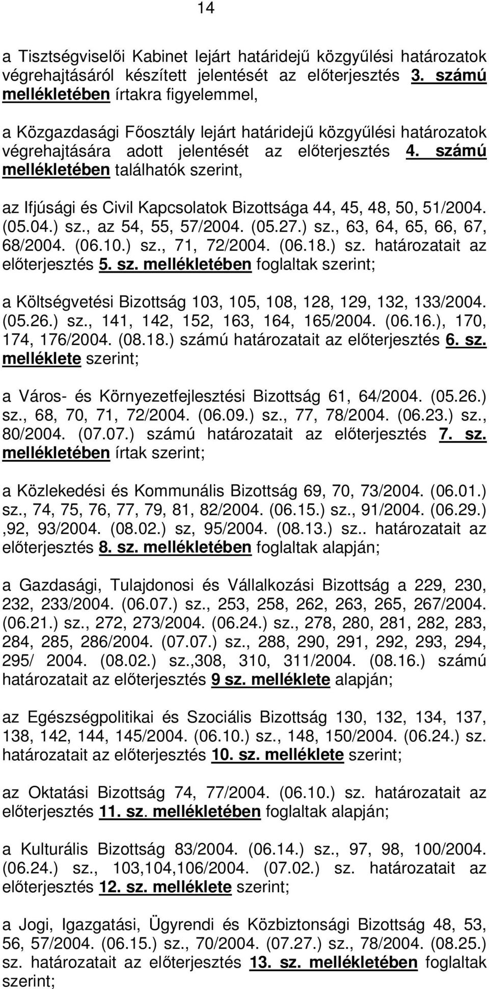 számú mellékletében találhatók szerint, az Ifjúsági és Civil Kapcsolatok Bizottsága 44, 45, 48, 50, 51/2004. (05.04.) sz., az 54, 55, 57/2004. (05.27.) sz., 63, 64, 65, 66, 67, 68/2004. (06.10.) sz., 71, 72/2004.