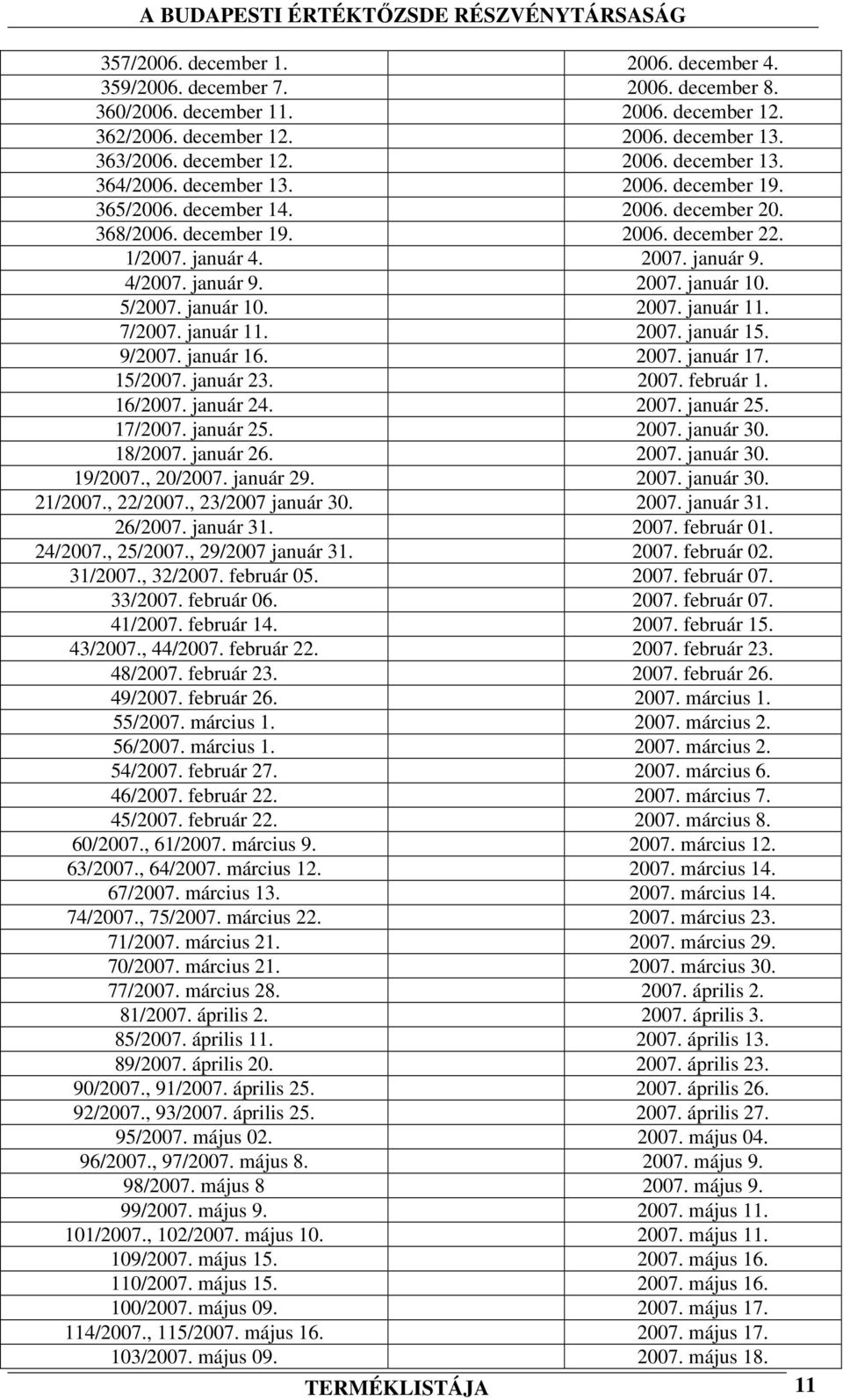 január 10. 2007. január 11. 7/2007. január 11. 2007. január 15. 9/2007. január 16. 2007. január 17. 15/2007. január 23. 2007. február 1. 16/2007. január 24. 2007. január 25. 17/2007. január 25. 2007. január 30.