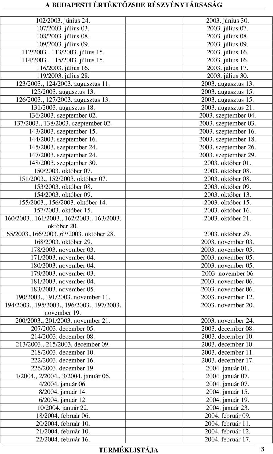 augusztus 13. 2003. augusztus 15. 126/2003., 127/2003. augusztus 13. 2003. augusztus 15. 131/2003. augusztus 18. 2003. augusztus 21. 136/2003. szeptember 02. 2003. szeptember 04. 137/2003., 138/2003.