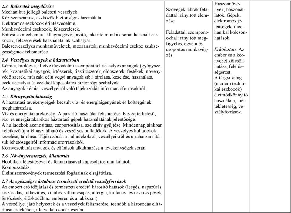 Balesetveszélyes munkaműveletek, mozzanatok, munkavédelmi eszköz szükségességének felismerése. 2.4.