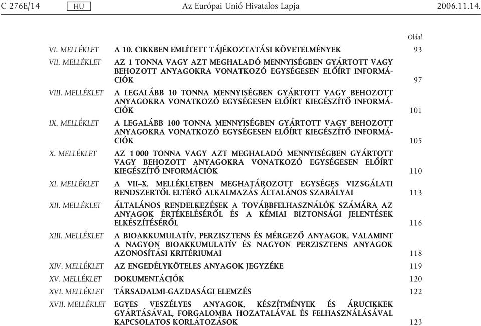 MELLÉKLET A LEGALÁBB 10 TONNA MENNYISÉGBEN GYÁRTOTT VAGY BEHOZOTT ANYAGOKRA VONATKOZÓ EGYSÉGESEN ELŐÍRT KIEGÉSZÍTŐ INFORMÁ- CIÓK 101 IX.