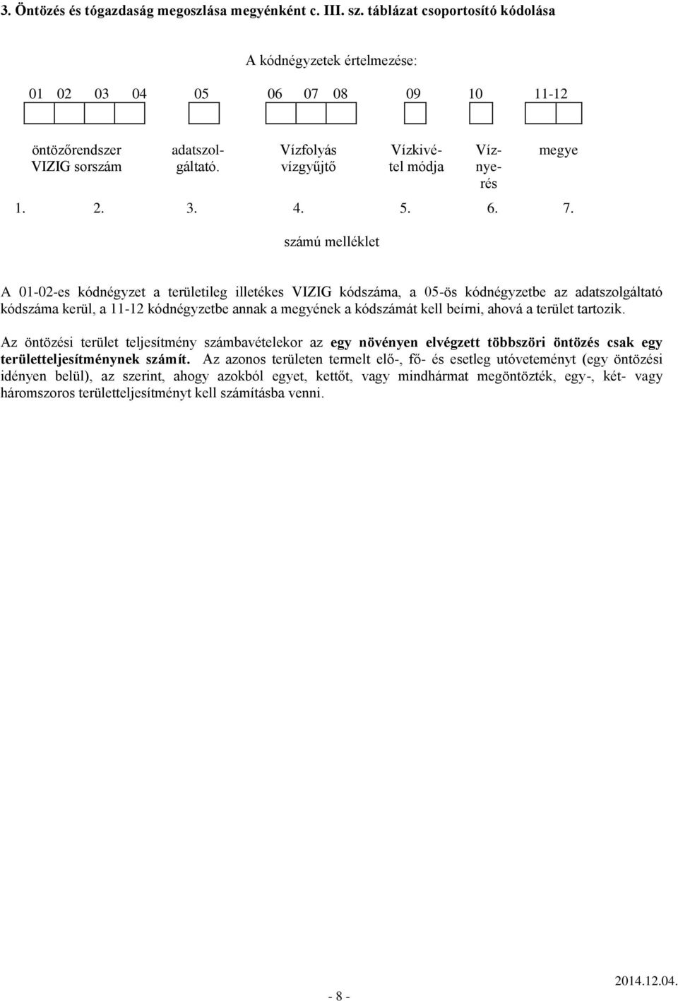 számú melléklet A 01-02-es kódnégyzet a területileg illetékes VIZIG, a 05-ös kódnégyzetbe az adatszolgáltató kerül, a 11-12 kódnégyzetbe annak a megyének a kódszámát kell beírni, ahová a terület