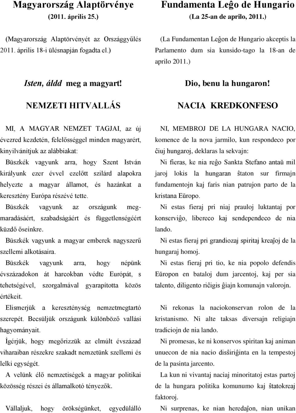 NACIA KREDKONFESO MI, A MAGYAR NEMZET TAGJAI, az új évezred kezdetén, felelősséggel minden magyarért, kinyilvánítjuk az alábbiakat: Büszkék vagyunk arra, hogy Szent István királyunk ezer évvel