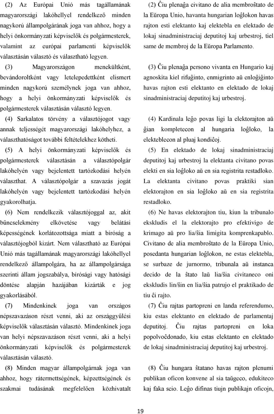 (3) Magyarországon menekültként, bevándoroltként vagy letelepedettként elismert minden nagykorú személynek joga van ahhoz, hogy a helyi önkormányzati képviselők és polgármesterek választásán választó