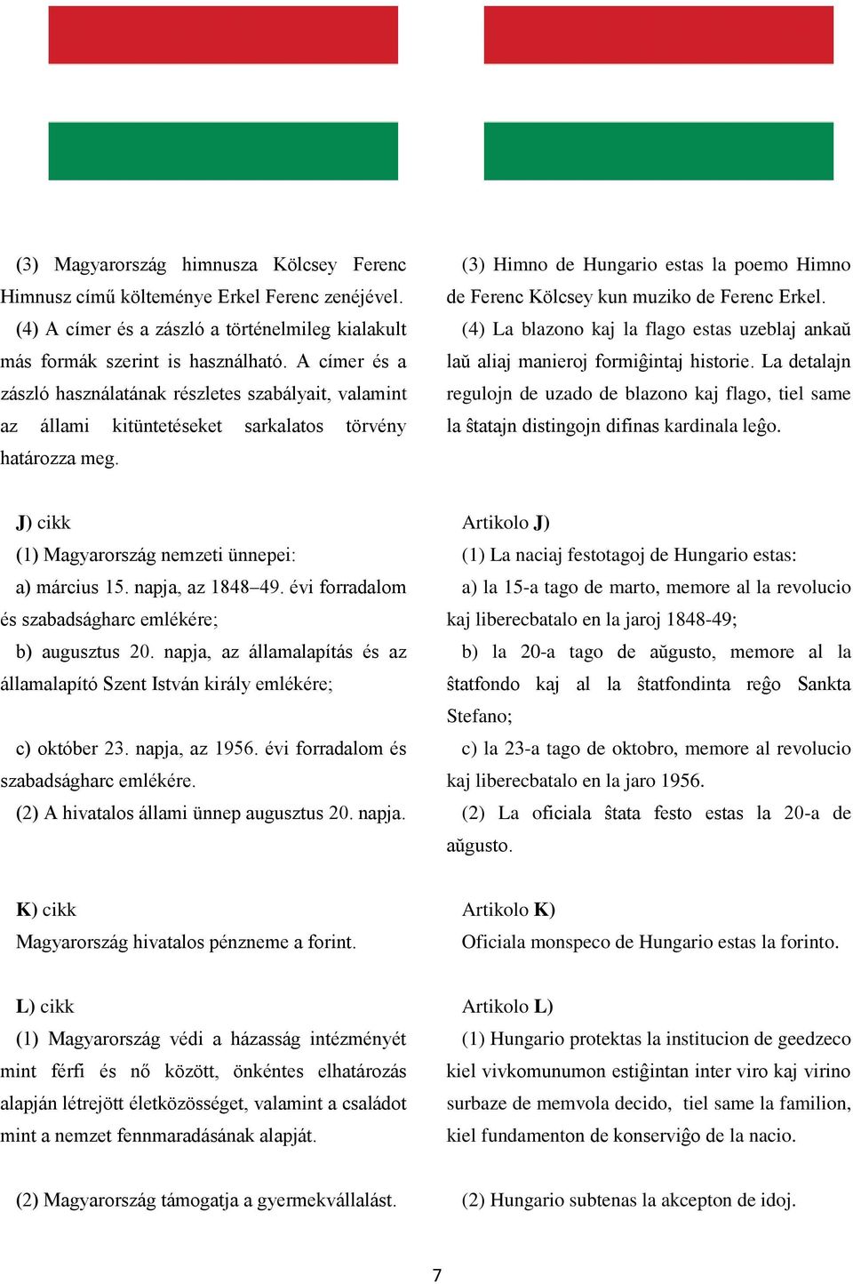 (3) Himno de Hungario estas la poemo Himno de Ferenc Kölcsey kun muziko de Ferenc Erkel. (4) La blazono kaj la flago estas uzeblaj ankaŭ laŭ aliaj manieroj formiĝintaj historie.