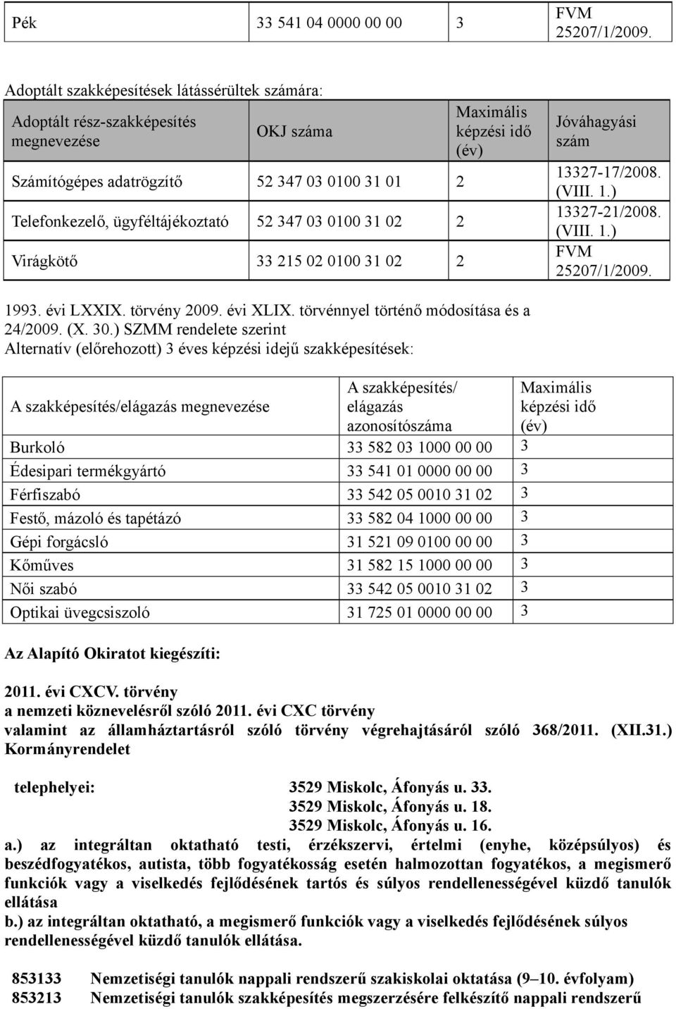 ) SZMM rendelete szerint Alternatív (előrehozott) es képzési idejű szakképesítések: A szakképesítés/elágazás A szakképesítés/ elágazás azonosítóa Burkoló 33 582 03 1000 00 00 3 Édesipari termékgyártó