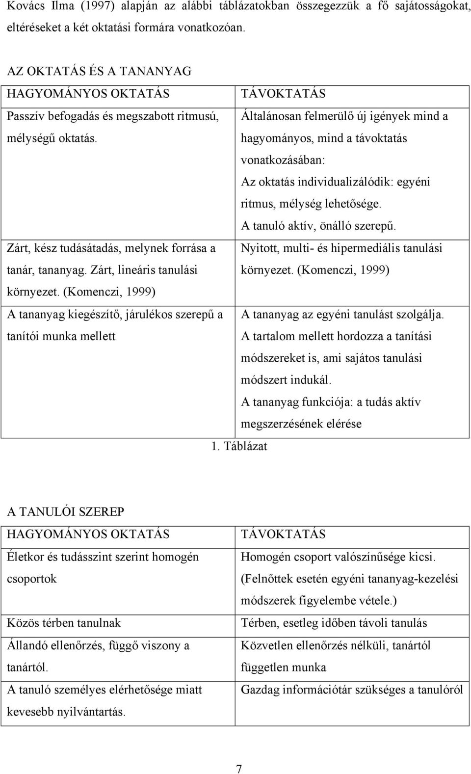 hagyományos, mind a távoktatás vonatkozásában: Az oktatás individualizálódik: egyéni ritmus, mélység lehetősége. A tanuló aktív, önálló szerepű.