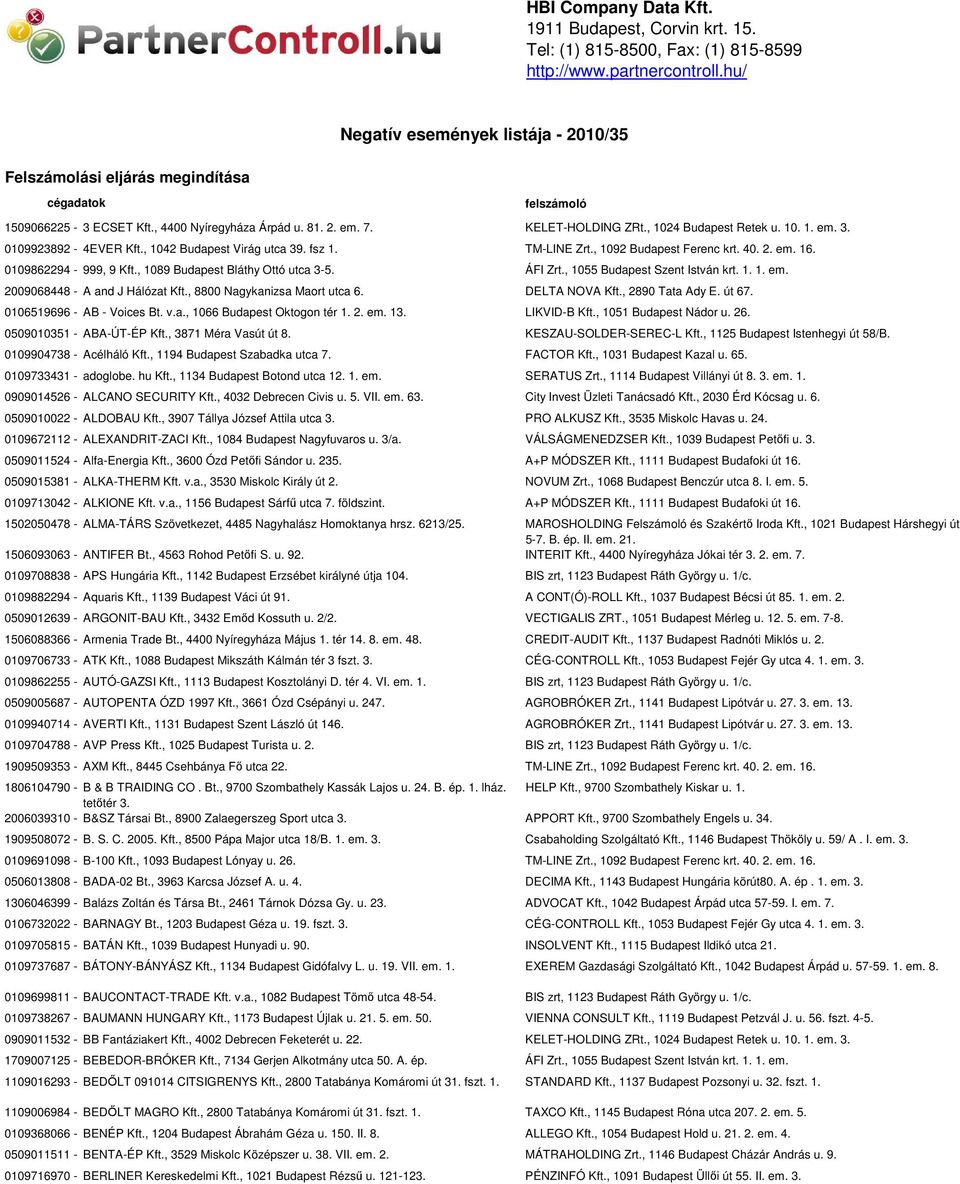 , 1024 Budapest Retek u. 10. 1. em. 3. 0109923892-4EVER Kft., 1042 Budapest Virág utca 39. fsz 1. TM-LINE Zrt., 1092 Budapest Ferenc krt. 40. 2. em. 16. 0109862294-999, 9 Kft.
