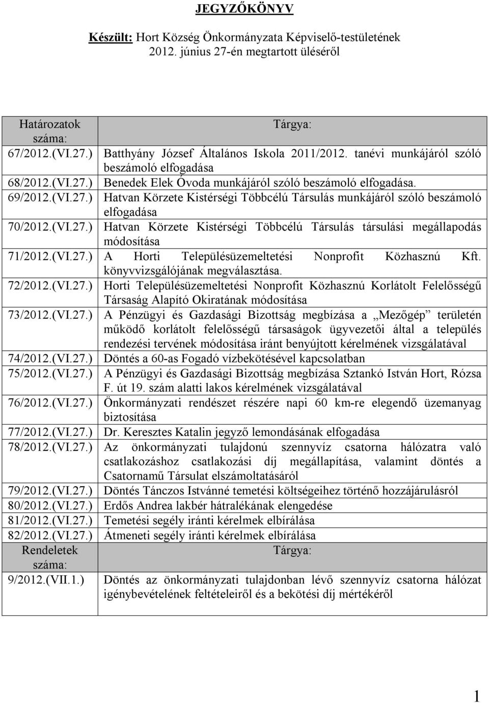 (VI.27.) Hatvan Körzete Kistérségi Többcélú Társulás társulási megállapodás módosítása 71/2012.(VI.27.) A Horti Településüzemeltetési Nonprofit Közhasznú Kft. könyvvizsgálójának megválasztása.