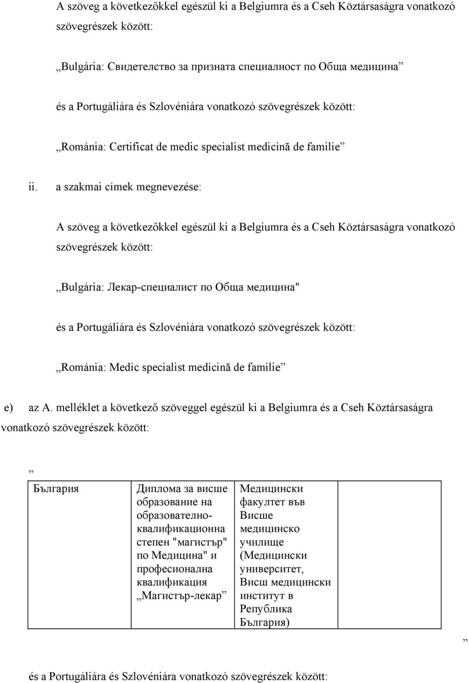 a szakmai címek megnevezése: A szöveg a következőkkel egészül ki a Belgiumra és a Cseh Köztársaságra vonatkozó szövegrészek között: Bulgária: Лекар-специалист по Обща медицина" és a Portugáliára és