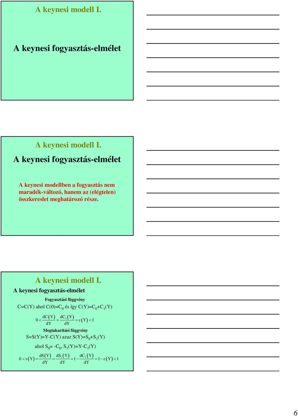 A keynes fogyasztás-elmélet Fogyasztás függvény C=C() ahol C(0)= és így C()= +C 1 () ( ) ( ) dc dc d d (