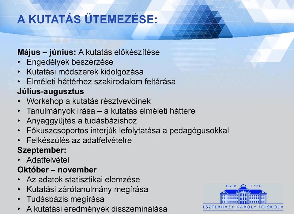 a tudásbázishoz Fókuszcsoportos interjúk lefolytatása a pedagógusokkal Felkészülés az adatfelvételre Szeptember: Adatfelvétel