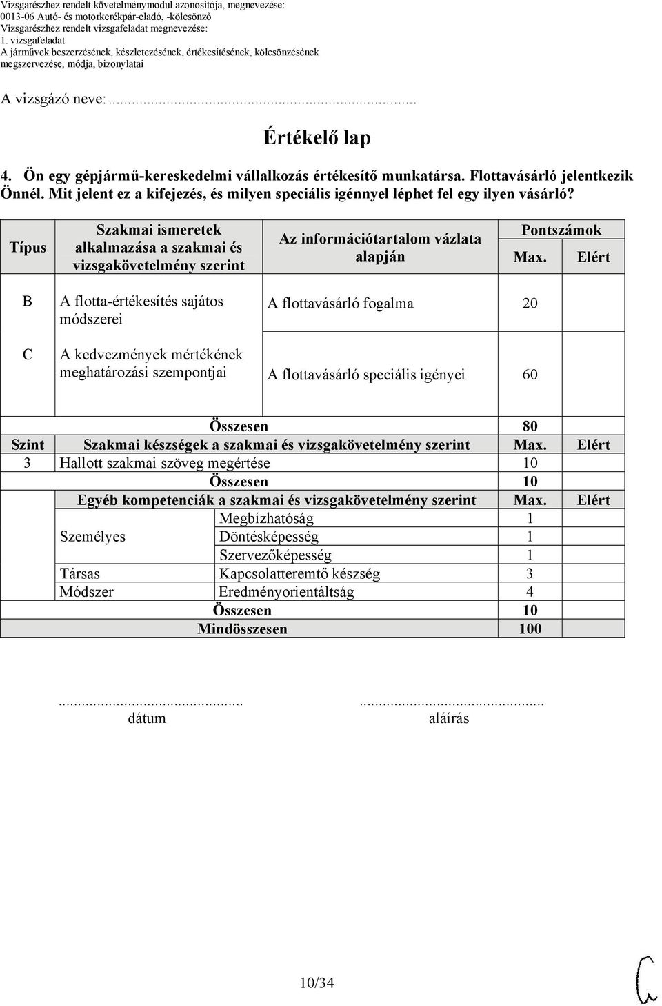Típus Szakmai ismeretek alkalmazása a szakmai és vizsgakövetelmény szerint Az információtartalom vázlata alapján Pontszámok Max.