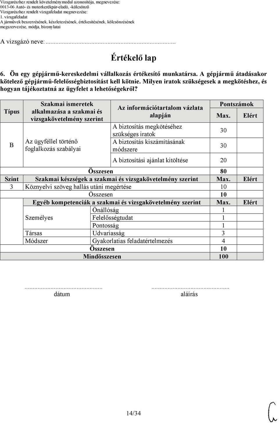 Típus Szakmai ismeretek alkalmazása a szakmai és vizsgakövetelmény szerint Az ügyféllel történő foglalkozás szabályai Az információtartalom vázlata alapján A biztosítás megkötéséhez szükséges iratok