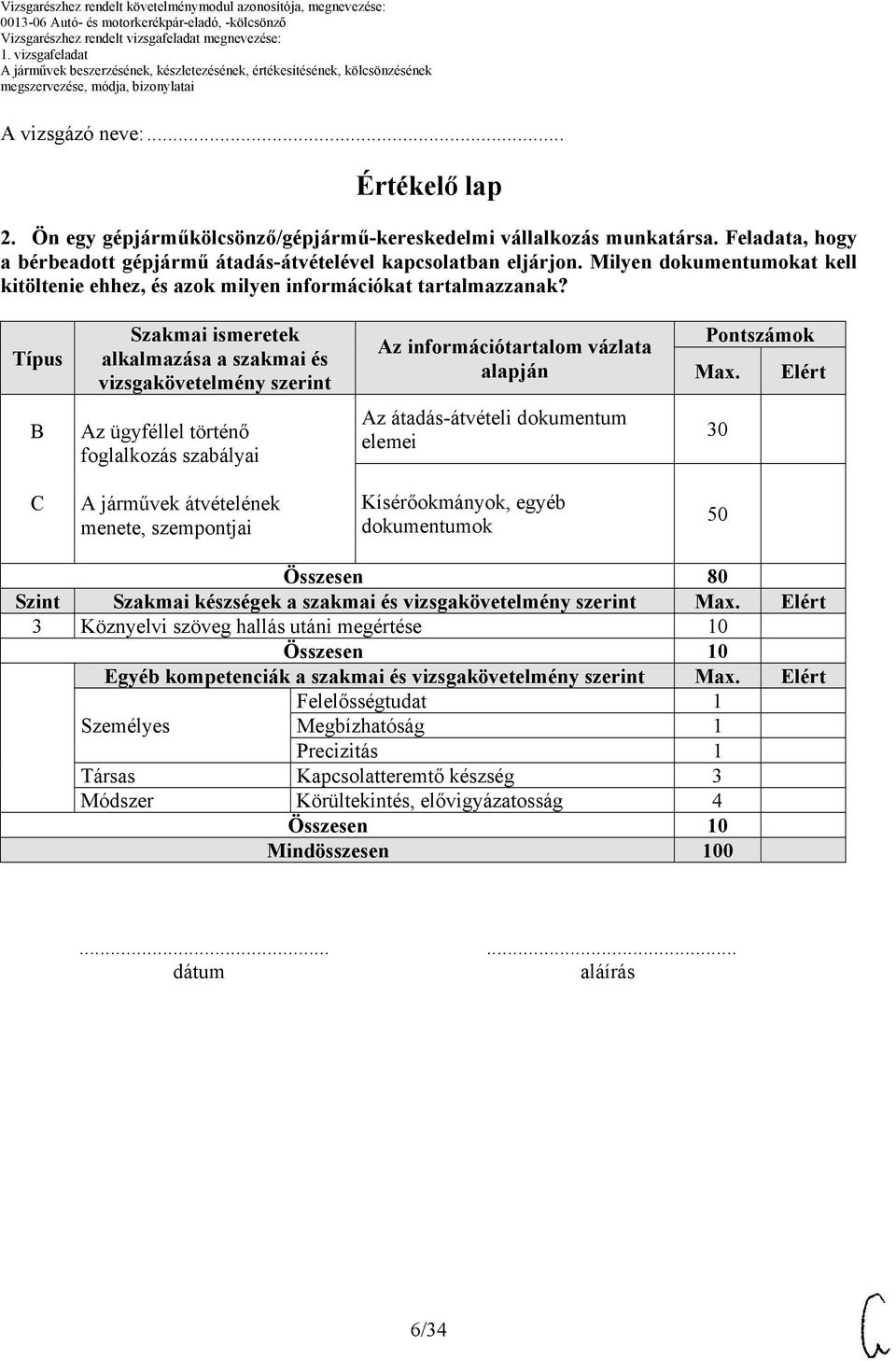 Típus Szakmai ismeretek alkalmazása a szakmai és vizsgakövetelmény szerint Az információtartalom vázlata alapján Pontszámok Max.
